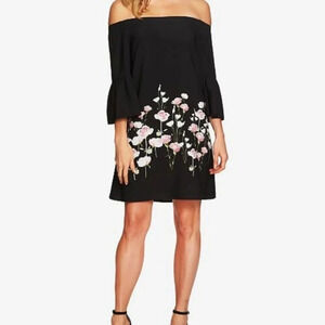 CeCe Off The Shoulder Shift Dress Black‎ Floral Size 2 Wedding Guest Evening